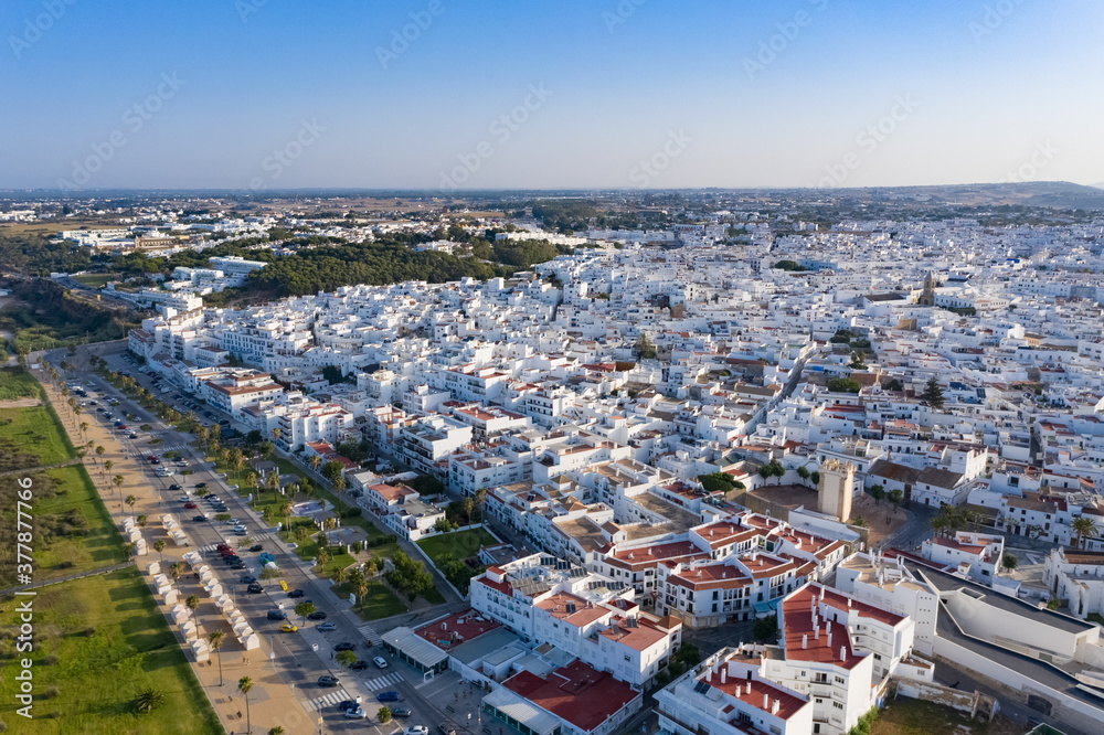 Aerial perspective of a spanish white village at the atlantic coast. Conil de la Frontera seen from above.