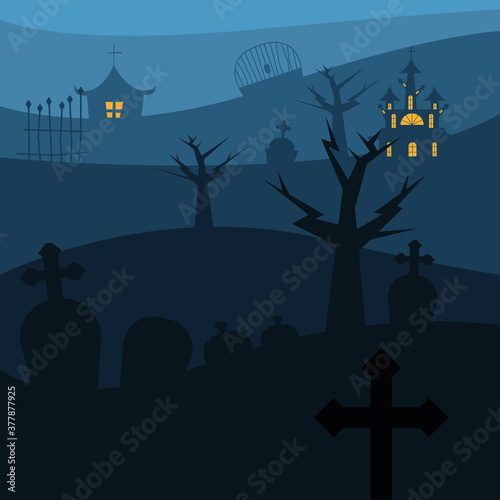 Halloween houses with trees at cemetery vector design
