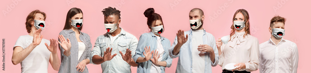 Group of frightened people, women and men wearing protective face mask on pink coral background. Multiracial models gesturing. Collage. Concept of human emotions, facial expression, safety, protection