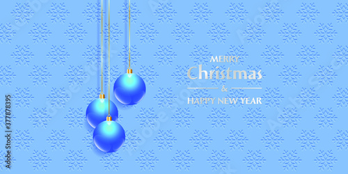 Christmas and HAppy New Year greeting card. Blue Christmas ballss on the falling snowflakes background, Vector EPS10 photo