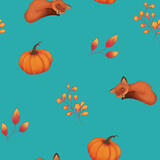 Sleeping fox with pumpkin, orange yellow flowers, branches on cyan blue background. Seamless cartoon drawing pattern for textile, fabric, prints