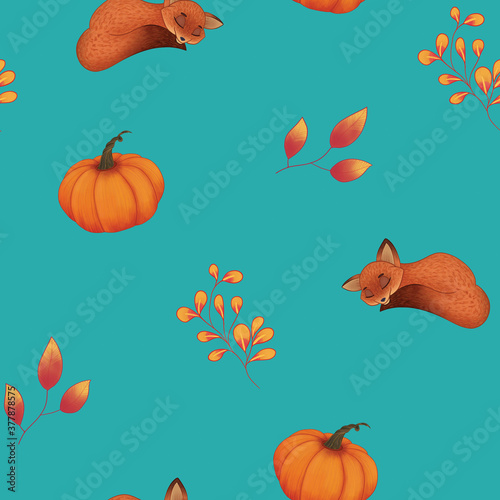 Sleeping fox with pumpkin  orange yellow flowers  branches on cyan blue background. Seamless cartoon drawing pattern for textile  fabric  prints