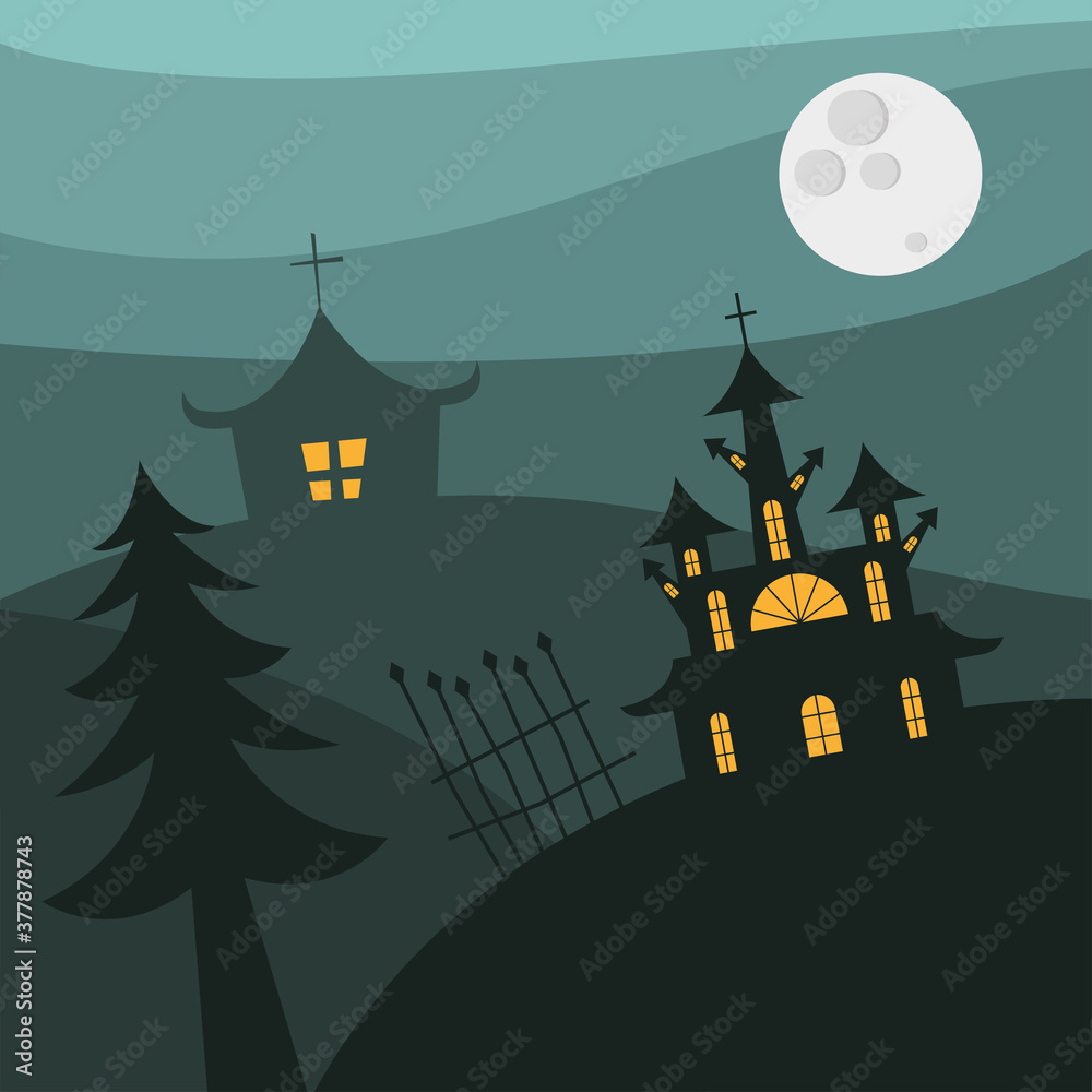 Halloween houses with gate and pine tree at night vector design