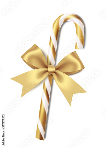 Decorative candy cane with golden bow isolated on white. Christmas or new year decoration. Vector stock illustration