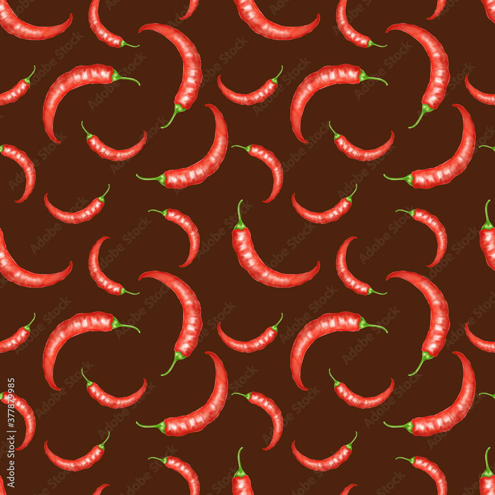Watercolor seamless pattern hot chili pepper on brawn background