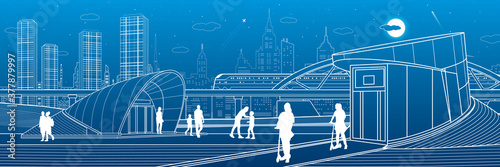 Outline city life illustration panorama. Evening town urban scene. People walking. Train rides. Modern architecture. White lines on blue background. Vector design art