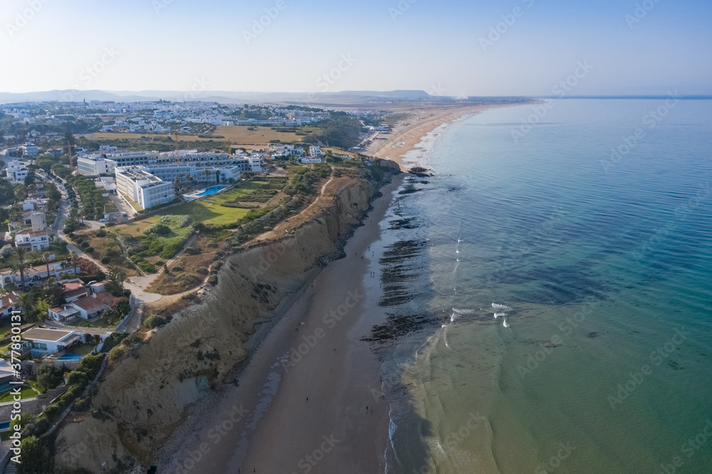 Morning aerial view of La Fontanilla beach in Conil de la Frontera