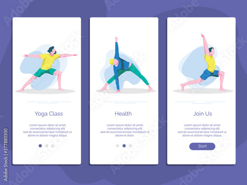 Yoga class, school, studio onboarding page screen set. Men doing sports exercise in different poses website, mobile app, web page template. Healthy lifestyle concept cartoon vector illustration