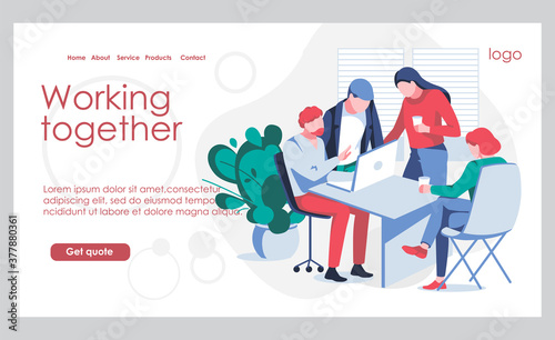 Working together landing page template. Business team working on project together. Team building, teamwork, cooperation or partnership concept flat vector illustration