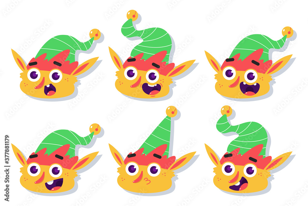 Christmas Elf face with different emotions vector cartoon set isolated on a white background. Christmas Elf face with different emotions vector cartoon set isolated on a white background.