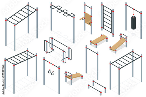 Isometric outdoor exercise equipment, outdoor sports ground. Element and equipment for urban outdoor training.