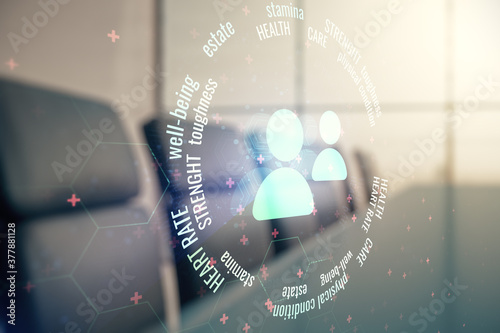 Double exposure of abstract virtual people icons hologram on a modern meeting room background. Online insurance service concept