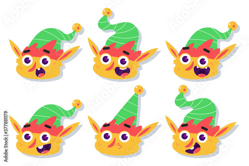 Christmas Elf face with different emotions vector cartoon set isolated on a white background. © Roi_and_Roi