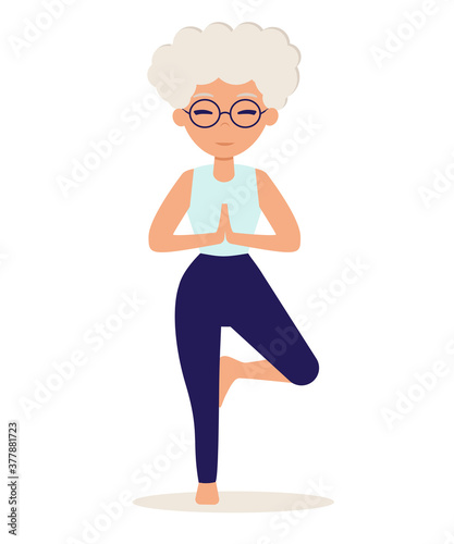 Senior woman doing yoga. Yoga practice. Vector illustration in flat style. Old woman goes in for sports.
