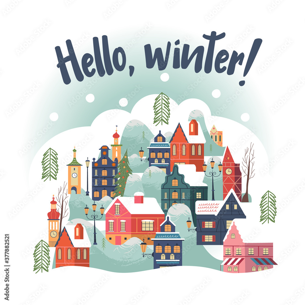 Hello winter. Snowy day in cozy christmas town. Winter christmas village day landscape.
