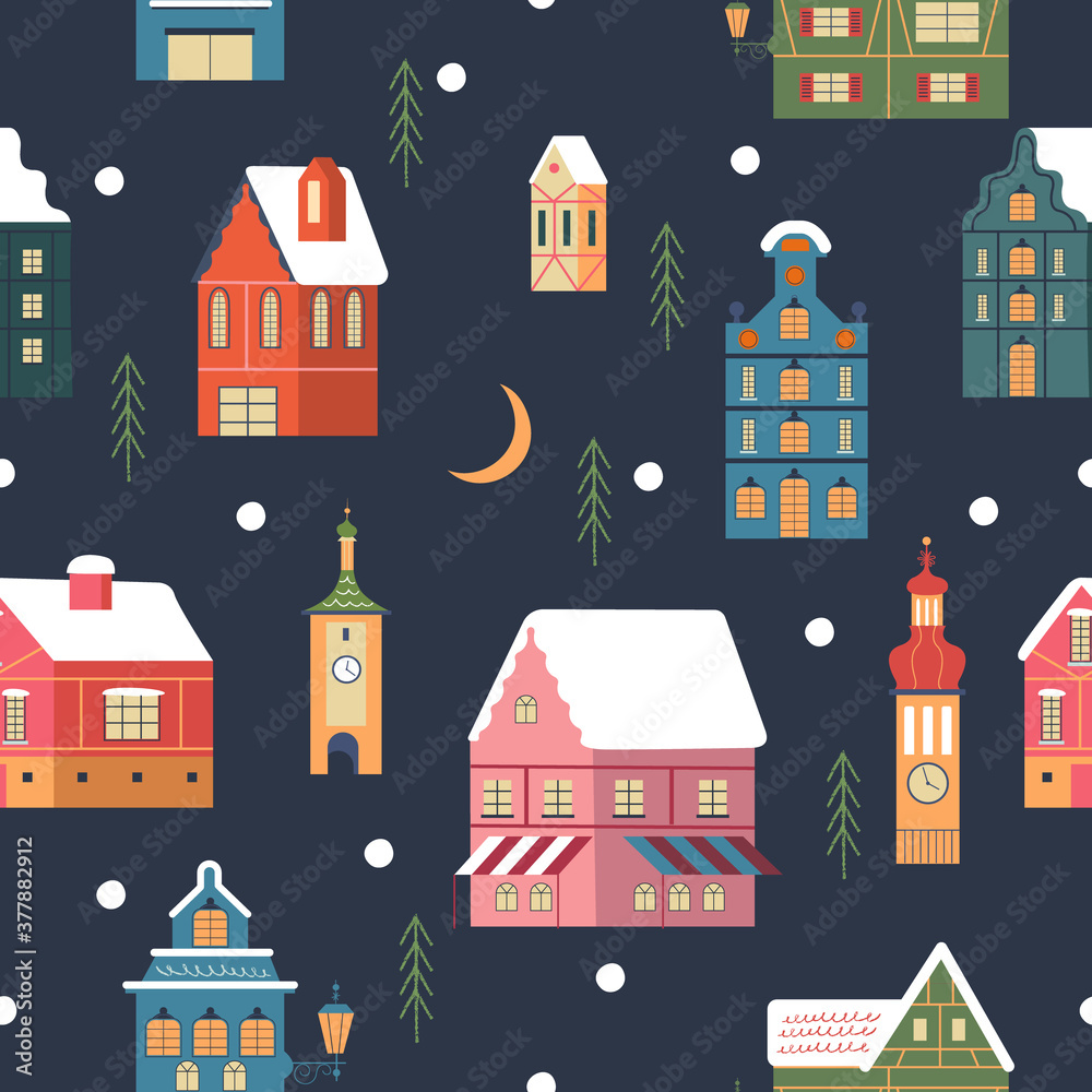 Seamless pattern. Snowy night in cozy christmas town. Winter christmas village day landscape. Vector illustration.