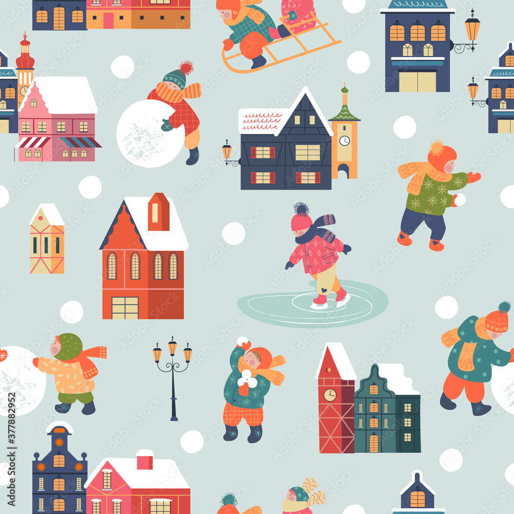 Seamless pattern. Snowy day in cozy christmas town. Winter christmas village day landscape. Children play outside in winter. Vector illustration, greeting card.