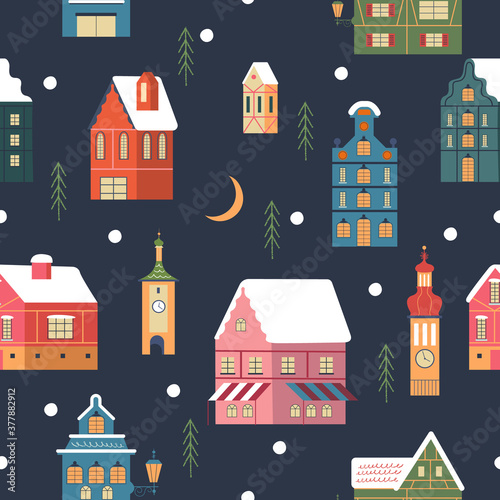 Seamless pattern. Snowy night in cozy christmas town. Winter christmas village day landscape. Vector illustration.