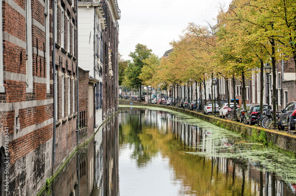 Delft, The Netherlands, September 8, 2020: Old Delft canal on a day in autumn with waterside buildings on one side and a tree-lined quay on the other isde