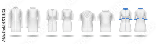 Realistic doctor coat mock up. Empty lab uniform, doctor medical laboratory clothes, hospital professional suit, blouse, nursing uniform, hat on transparent background isolated mockup