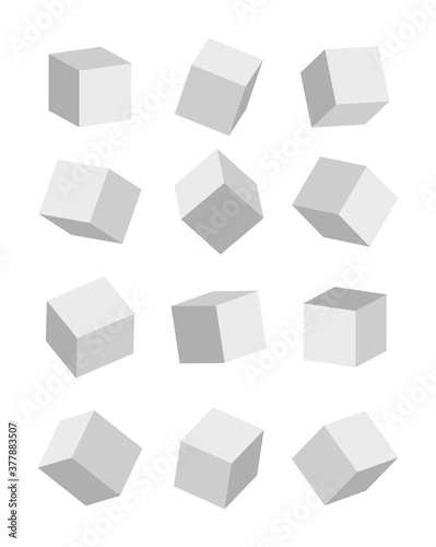 3d cube. Mockup of rectangle boxs. White blank squares. Carton blocks with shadow. Perspective models for design product and packaging. Template for stand, toy, platform and gift. Paper icons. Vector