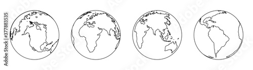 World in line style. Outline earth icons. Simple globes with countries. Black planet on white background. Silhouette of maps for travel. Continents linear. Graphic templates. Art geography. Vector