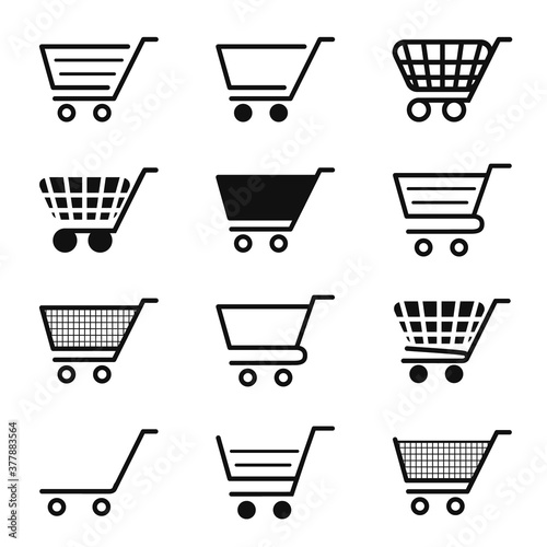 Cart icon for shop. Trolley for shopping. Add in basket for buy. Symbol of online store, retail and merchandise in line style. Web button for supermarket. Set of black signs for market. Vector