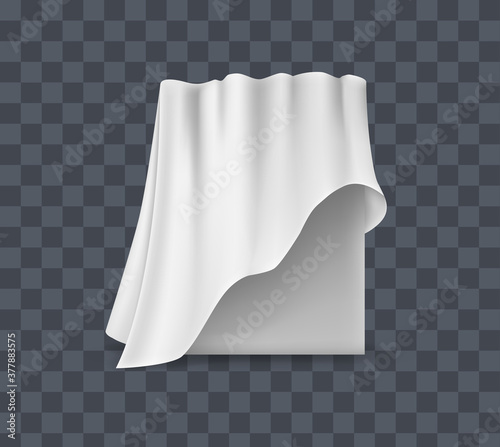 Draped table covers. Big realistic hanging napkin, tablecloth, curtain. White silk cloth covered tablecloth, fabric curtain secret hidden paintings. Realistic vector 