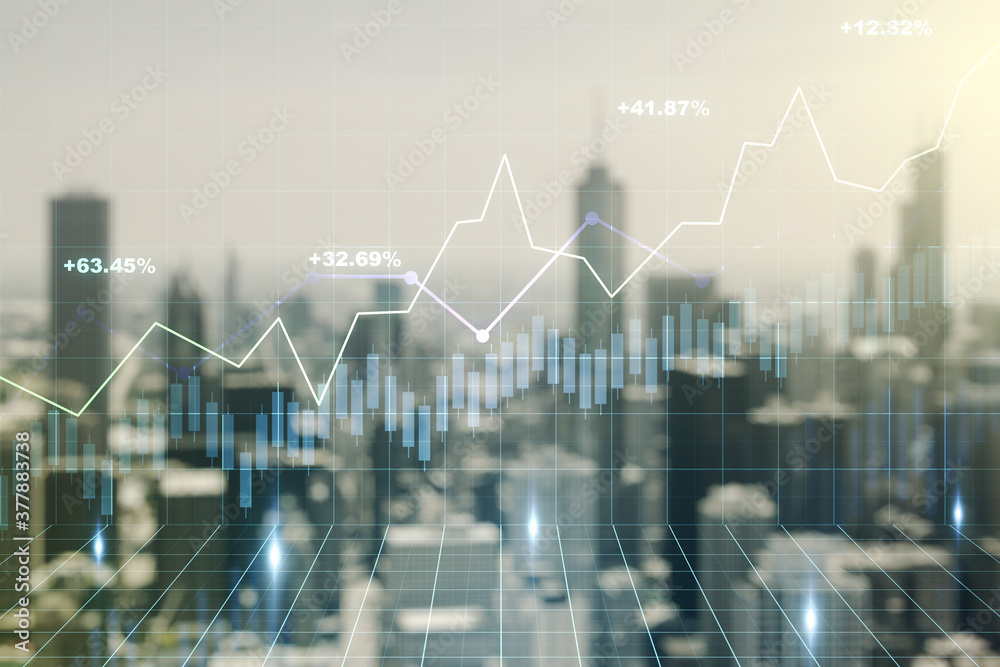 Abstract virtual financial graph hologram on blurry skyline background, forex and investment concept. Multiexposure Abstract virtual financial graph hologram on blurry skyline background, forex and investment concept. Multiexposure