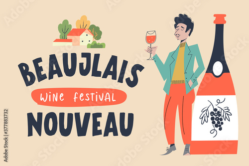 Wallpaper Mural Beaujolais Nouveau. Festival of new wine in France. A man with a glass of red wine. Vector illustration. Torontodigital.ca