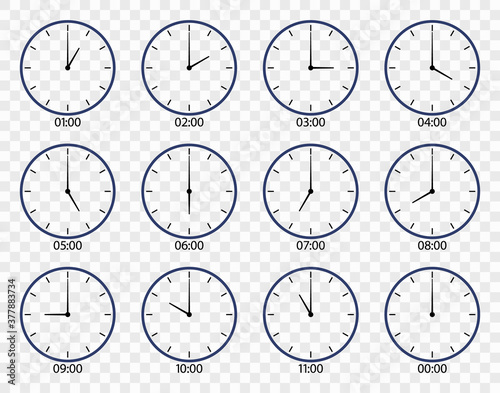 Clock icon. Face of watch on wall. Set of different clocks for time. Line icons of hour and minute with morning, noon, afternoon, evening, midnight oclock. 12 hour in day. Symbol of countdown. Vector photo