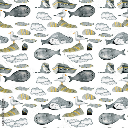 Sea print seamless pattern with seagulls, jars, fish, seals painted with watercolor