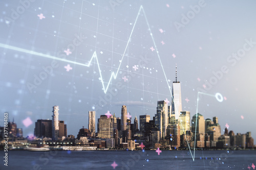 Abstract virtual heart pulse hologram on New York cityscape background, online medical consulting concept. Multiexposure © Pixels Hunter