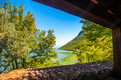 Exotic view of tropical mountains and rivers from the window of a house, national park photo