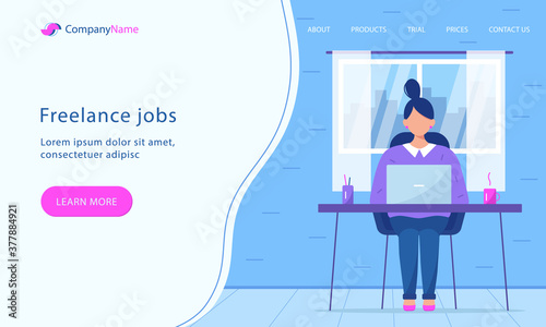 Web page template of woman working on laptop. Home office, freelance, remote work
