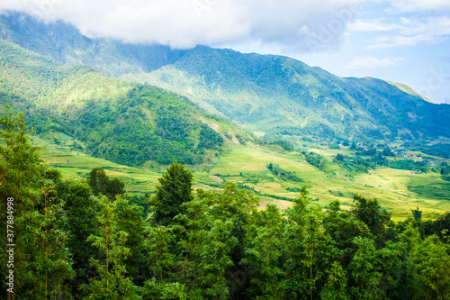 Amazing Rice fields on terraced in rainny seasont at TU LE Valley, Vietnam.Tu Le is a small valley but has beautiful terraces all year round. An attractive tourist destination 250km form Hanoi.