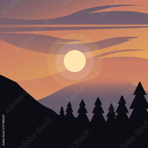 pine trees in front of red sky vector design
