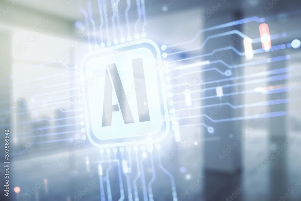 Fototapeta premium Double exposure of creative artificial Intelligence icon on empty modern office background. Neural networks and machine learning concept