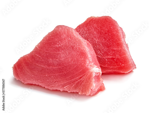 Two slice of raw tuna meat isolated on white background