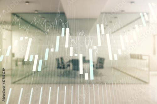 Multi exposure of abstract virtual financial graph hologram on a modern furnished office background, forex and investment concept