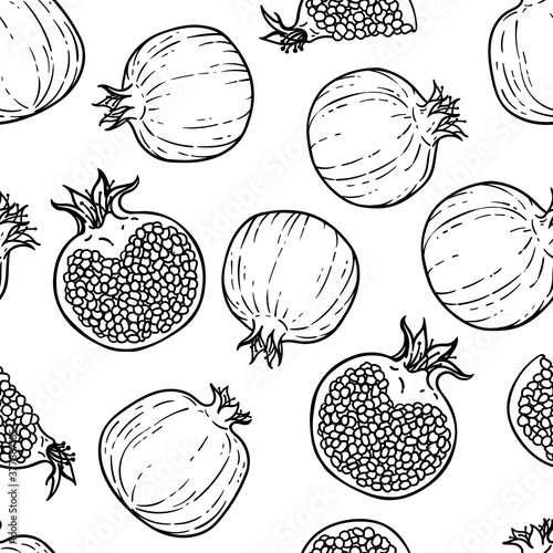 Seamless pattern of Black and white pomegranates. Healthy vegetarian food. Cartoon comics doodle style with contour. Decoration for greeting cards, posters, patches, prints for clothes, emblems