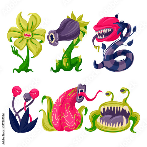 Cartoon Color Carnivore Plants Icons Set. Vector