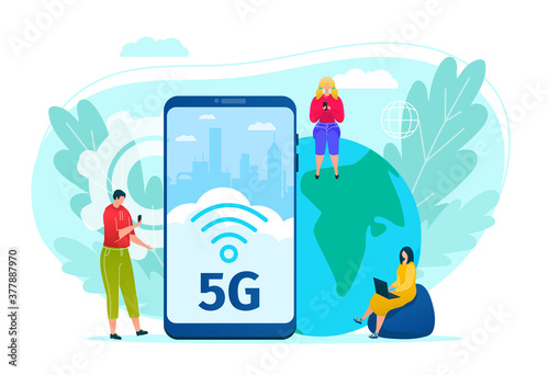 5g internet technology vector illustration. Global data connection and communication. People with mobile devices are sitting around big phone with 5G wireless network. High speed of new generation.