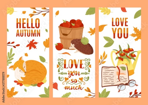 Autumn cards set, fall autumnal leaves and flowers, vector illustration. Vint...