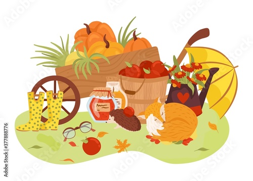 Autumn, fall season vector illustration set, composition.Cute animals, hedgeh...