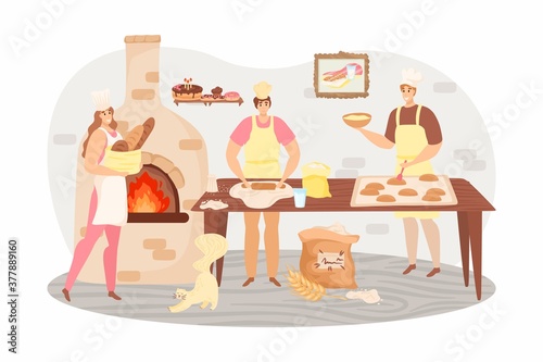 Bakery products concept vector illustration. Bakers kneading dough in bakery. Baking products, bread and pastry. Bakehouse and shop with stove. Preparation to bake bread in kitchen.