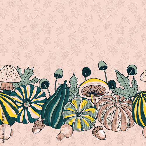 Autumn Fall Pumpkin Harvest Vector Seamless Horizontal Border