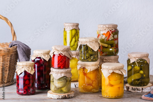 Homemade preserved, fermented food, pickled, marinated vegetables, fruit compote