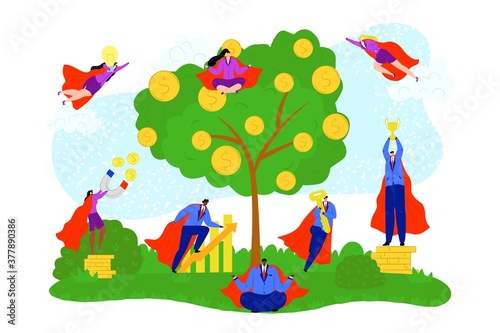 Business hero, people in superhero suits, power persons vector illustration. businessmen and businesswoman working in team. Corporate super hero with money tree. Leadership and achivement.