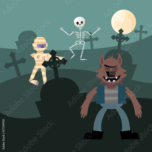 Halloween mummy skull and werewolf cartoons vector design